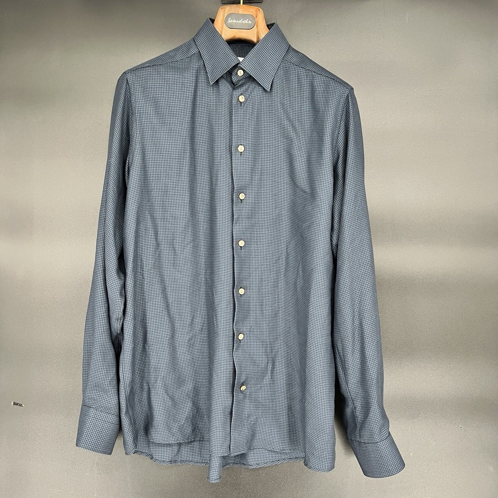 Eton Contemporary 16x41 100% Merino Wool Blue Black Houndstooth Dress Shirt